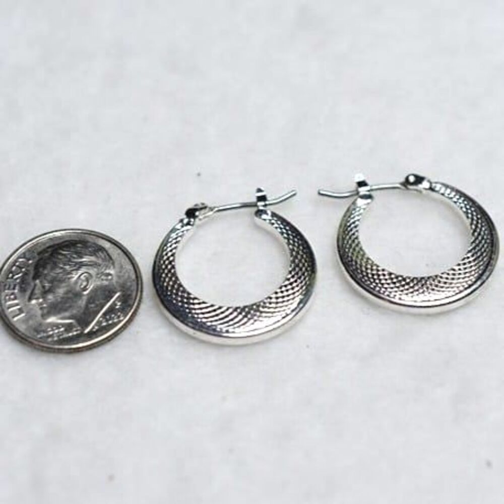 Delightful Etched Silver Tone Small Hoop Latch Back Earrings